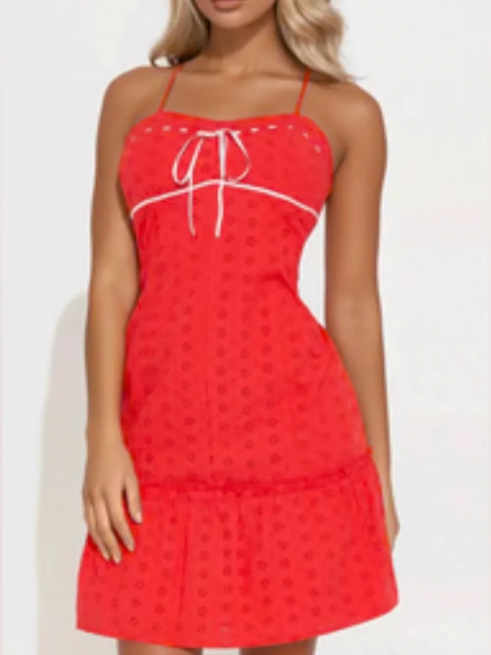 Red Eyelet Lace-Up Spaghetti Strap Chemise (SKU843)